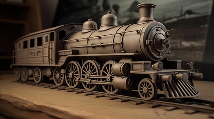 Fototapeta na wymiar AI generated illustration of an aged locomotive on a wooden shelf