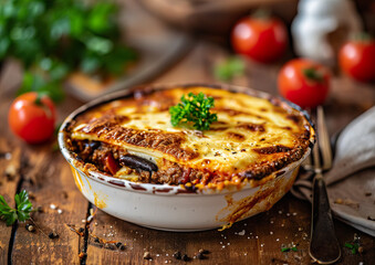 Moussaka angle view, ultra realistic food photography