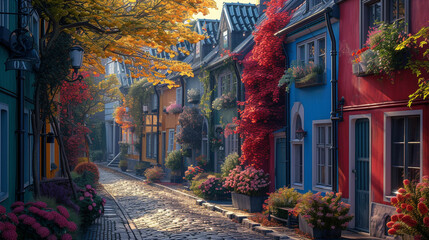 A quaint cobblestone street lined with colorful townhouses, each with unique architectural charm. 