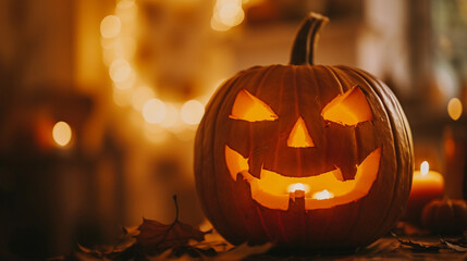 A close-up of a carved pumpkin with a flickering candle inside, showcasing the classic Halloween Jack-o'-lantern tradition