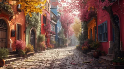  A quaint cobblestone street lined with colorful townhouses, each with unique architectural charm.  © Dani Shah 