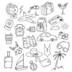 Travel doodle icon element. Hand drawn sketch plane, car, suitcase, ticket, map, camera and etc. Set of holiday elements. Vector vacation illustration.