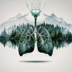 Human lungs with a pine forest, breathing health concept background/ - obrazy, fototapety, plakaty
