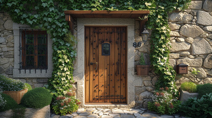Fototapeta na wymiar A rustic stone house with a vine-covered wall and a wooden door. 