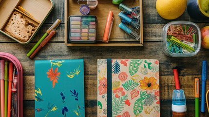 inviting scene featuring a variety of eco-friendly school supplies, including recycled notebooks adorned with nature