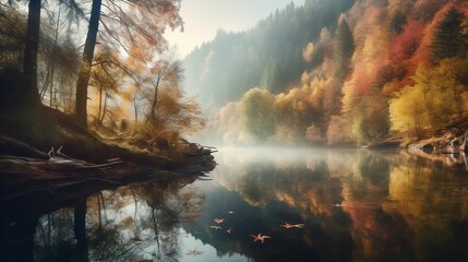 AI generated illustration of a river shrouded in a foggy haze flowing past a dense wood of trees - obrazy, fototapety, plakaty