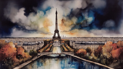 Alcohol ink painting of Paris cityscape  - obrazy, fototapety, plakaty