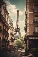 Fototapeta na wymiar AI generated illustration of a picturesque Paris street with the iconic Eiffel Tower in backdrop