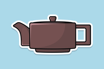 Brown Teapot sticker design vector illustration. Kitchen interior object icon concept. Breakfast Teapot with closed lid sticker design on blue background. Restaurant kettle icon logo.
