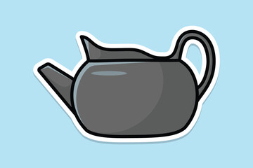 Beautiful Grey Tea Kettle sticker design vector illustration. Kitchen interior object icon concept. Morning Tea Teapot with closed lid sticker design on blue background.
