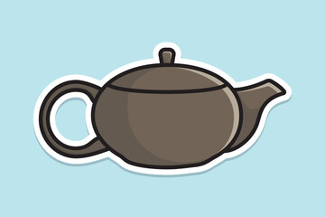 Round Shape Tea Kettle sticker design vector illustration. Kitchen interior object icon concept. Kitchen Kettle with closed lid sticker design with shadow.
