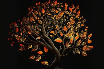 AI generated illustration of a vibrant painting featuring an autumn leaves on the tree branches