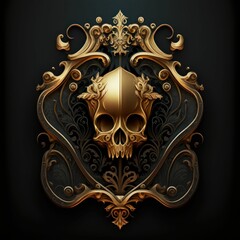 AI generated illustration of an ornately decorated golden skull emblem on a black background