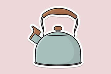 Round Shape Tea Kettle sticker design vector illustration. Kitchen interior object icon concept. Kitchen Kettle with closed lid sticker design with shadow.
