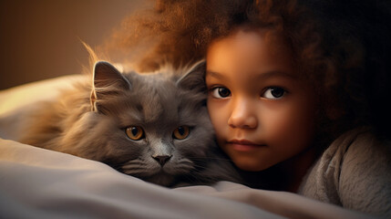 Small child lies on a bed with a cat. Kitten and baby childhood friendship. Baby and cat. Child and...
