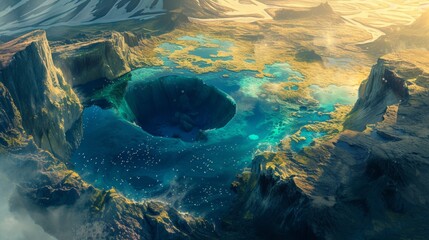 Iceland from above, presenting the ethereal landscape of the land of fire and ice, turquoise...