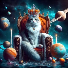 cat lounging on a throne-like king chair, suspended in the vast expanse between planets Generative ai 