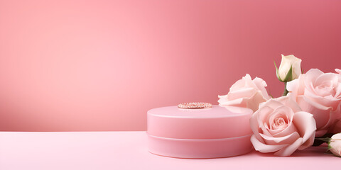 Obraz na płótnie Canvas Beautiful flowers and stage studio podium pastel pink background with rose pink flowers palm leaf shadow