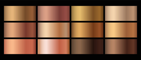 Color palette gradient set. Metallic gold, bronze, beige gradient vector colorful swatches texture set.  Gold, bronze metal pattern set. 