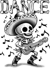 Funny Skeleton Clipart. Music, Dance Illustration for T-shirt and Other Products Print.