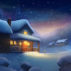 AI generated illustration of quaint winter cabin nestled amongst backdrop of snow-dusted evergreens