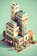 AI generated illustration of a modern apartment building model isolated on a neutral background