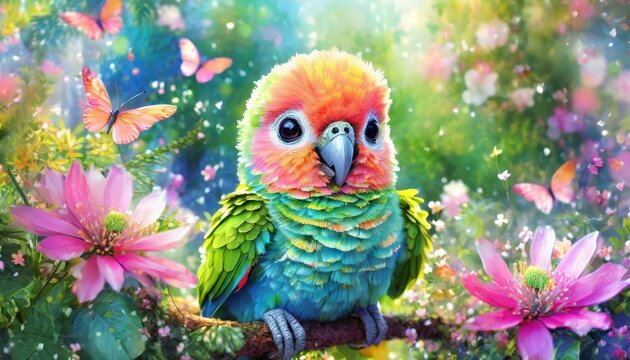 baby vibrant parot, adorable big eyes, in a garden with butterflies, lush greenery and pink flowers, watercolor, bokeh background, selective focus.