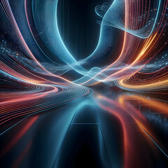 3d render. Abstract panoramic background of dynamic neon lines glowing in floor reflection. Virtual fluorescent ribbon. Fantastic wallpaper.generated with ai 