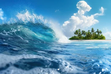 Keuken spatwand met foto Huge blue wave and small island in the ocean © Alina