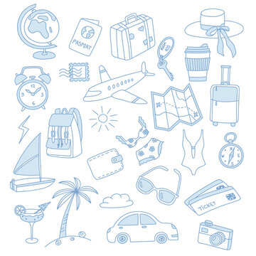 Blue doodle set of travel icons. Plane, boat, camera, car, map, baggage, palm, ticket, compass, alarm, key. Vector design of vacation.