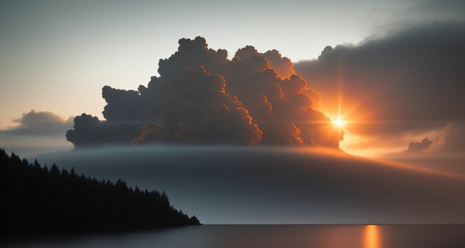 sun breaking into the sky above a cloud formation with trees in the foreground