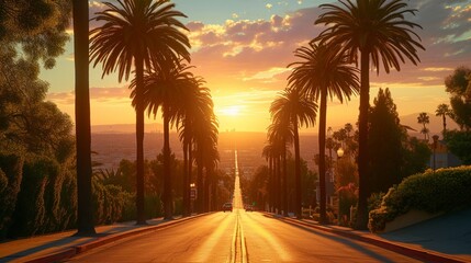 Palm Tree-Lined Street Overlooking Los Angeles at Sunset, palm trees casting long shadows on the...