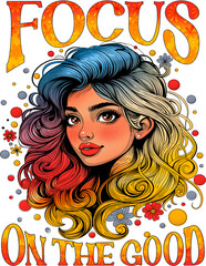 Adsız ResimColorful Beautiful Girl Illustration with ''Focus on the good'' Slogan.