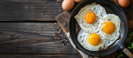 Frying pan with fried eggs on wooden background.