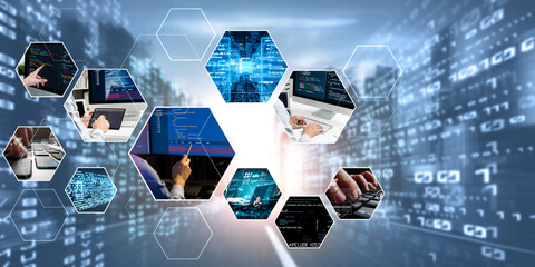 Computer programming, coding and AI artificial intelligence software development engaged by skilled...