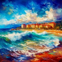 AI generated illustration of a coastal landscape, an ocean view with colorful houses on the hills