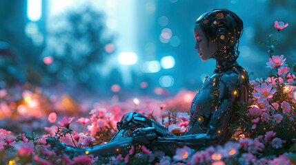 Portrait, A futuristic cyborg with glowing circuitry and neon accents, meditating in a serene cybernetic garden amidst floating holographic flowers - obrazy, fototapety, plakaty