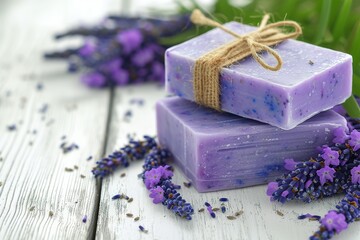 Obraz na płótnie Canvas Natural lavender soap bars with lavender flowers on wooden background