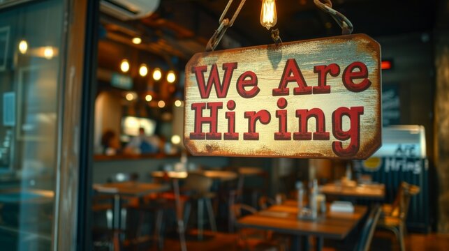 "We Are Hiring" sign, warm lit cafe background.