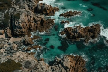 Fototapeta na wymiar AI generated illustration of the shoreline of the blue ocean - aerial