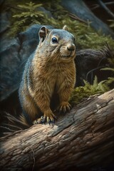 AI generated illustration of a ground squirrel on a decaying log in a natural, outdoor setting