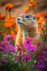 AI generated illustration of a ground squirrel on a field with vibrant flowers