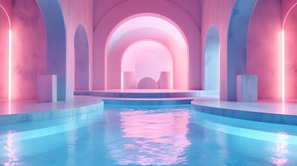 3d render, abstract background, empty interior with pink and blue neon lights 