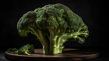 AI generated illustration of A freshly cut head of broccoli placed atop a wooden cutting board