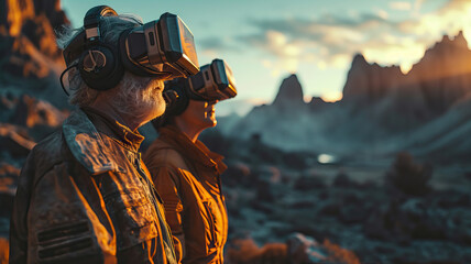 Beyond Time: An Elderly Couple, VR Futuristic Attire, Embarks on an Adventure Hand in Hand, Exploring a Virtual Reality Landscape Together, Bridging Generations and Embracing the Boundless Possib