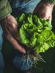 Farmer close-up holding and picking up green lettuce salad leaves with roots : Generative AI - obrazy, fototapety, plakaty