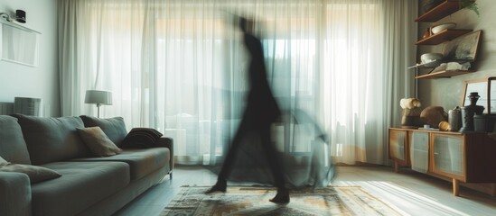 A hazy image captures a person gracefully dancing in a well-decorated living room, featuring wooden furniture, hardwood flooring, and vibrant plants.