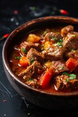 Food concept Homemade Beef stew Goulash on black background with copy space : Generative AI