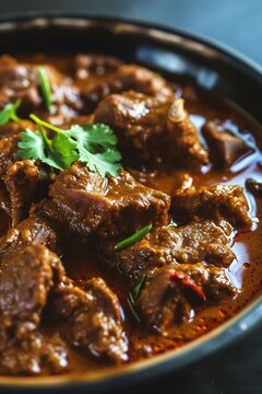 Traditional homemade Mutton curry from Asian cuisine. Spicy beef curry. Goan style beef vindaloo. Traditional Indian Lamb gravy popular in Kerala Sri Lankan Goa Appam Parotta porotta i : Generative AI
