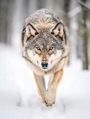 Obraz premium AI generated wolf walking in snow covered forest